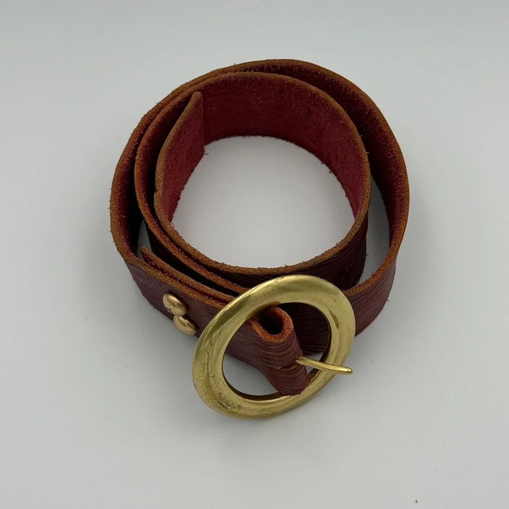 Leather Belt Womens Large Burgundy Brass Round Buckle Textured Boho Vintage